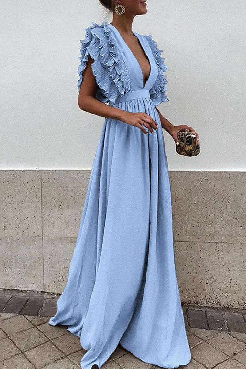 Casual Solid Backless V Neck Long Dresses