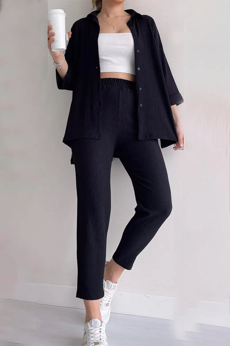 Casual Solid Buttons Turndown Collar Long Sleeve Two Pieces