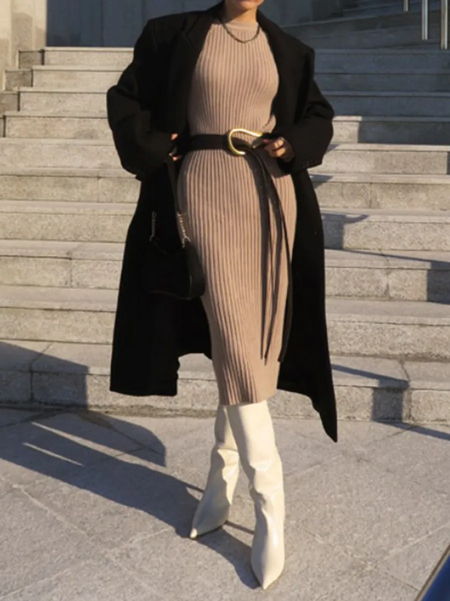 Casual Solid Color Long Sleeve Round Neck Knitted Dress