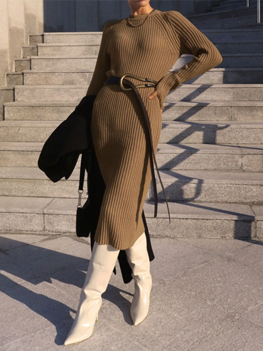 Casual Solid Color Long Sleeve Round Neck Knitted Dress