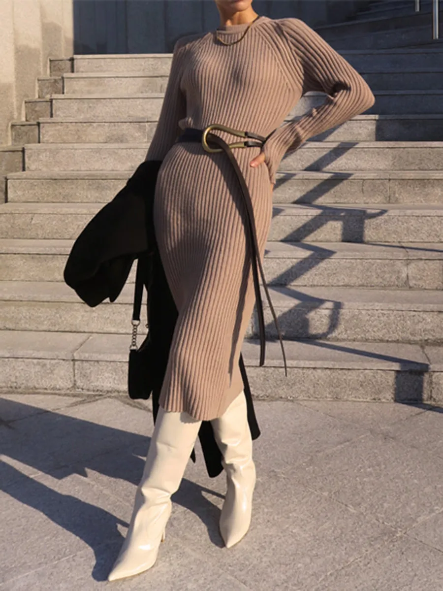 Casual Solid Color Long Sleeve Round Neck Knitted Dress