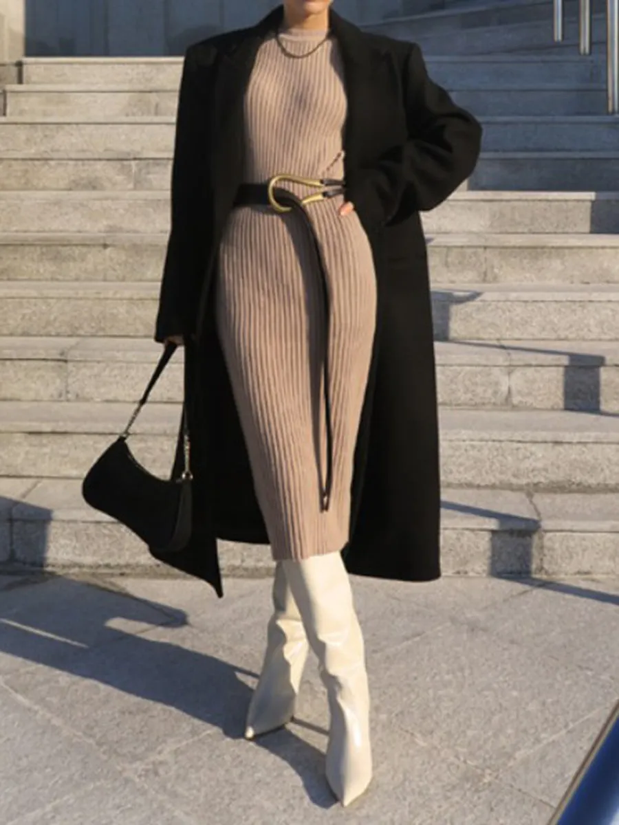 Casual Solid Color Long Sleeve Round Neck Knitted Dress