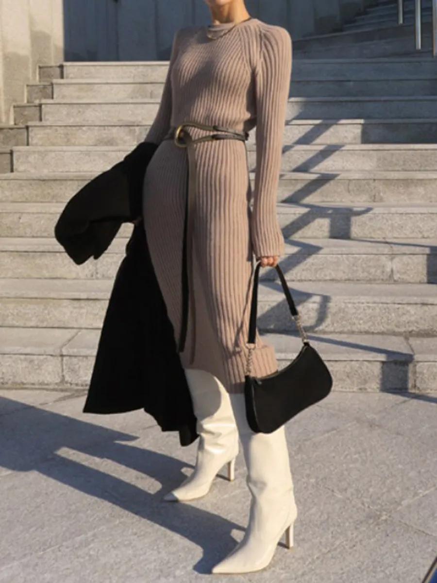 Casual Solid Color Long Sleeve Round Neck Knitted Dress