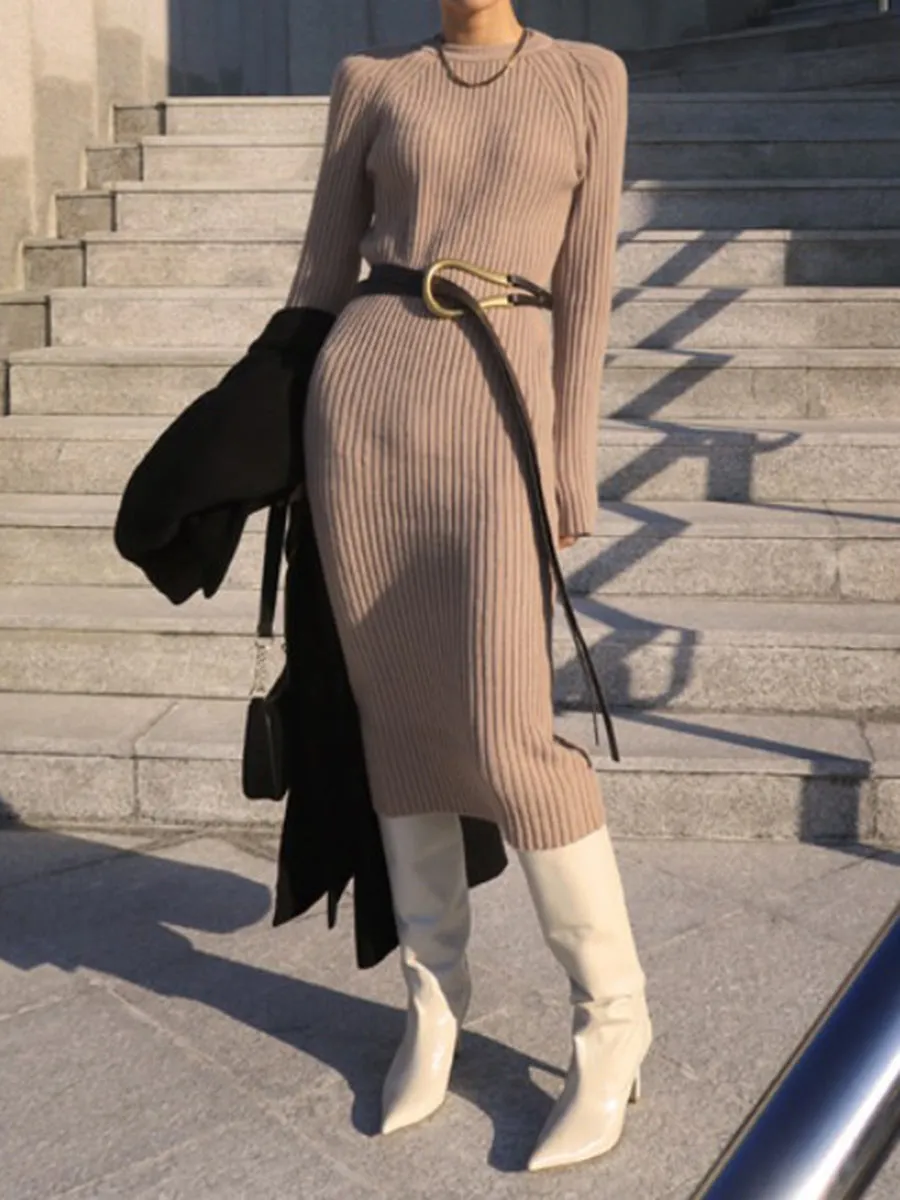 Casual Solid Color Long Sleeve Round Neck Knitted Dress