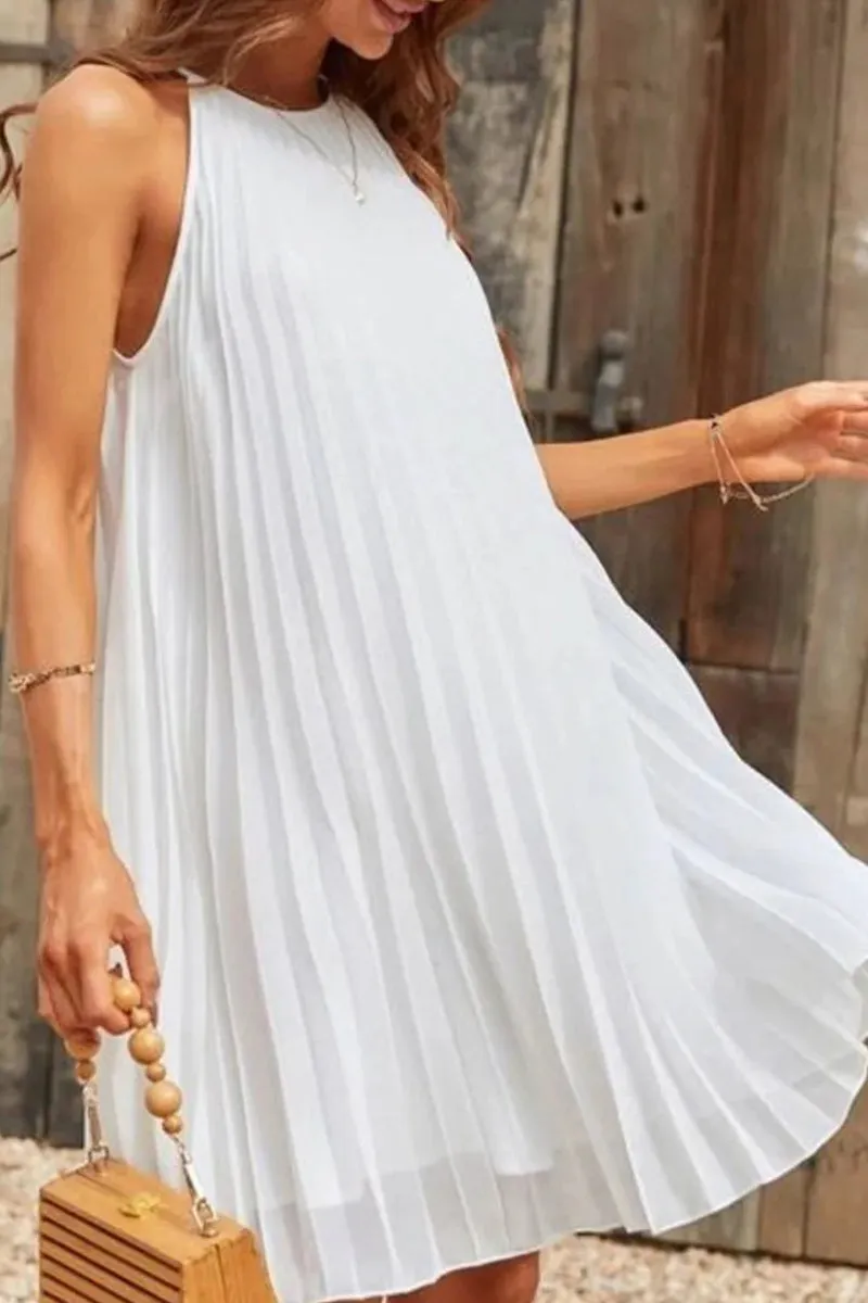 Casual Solid Fold Halter Pleated Dresses(3 Colors)