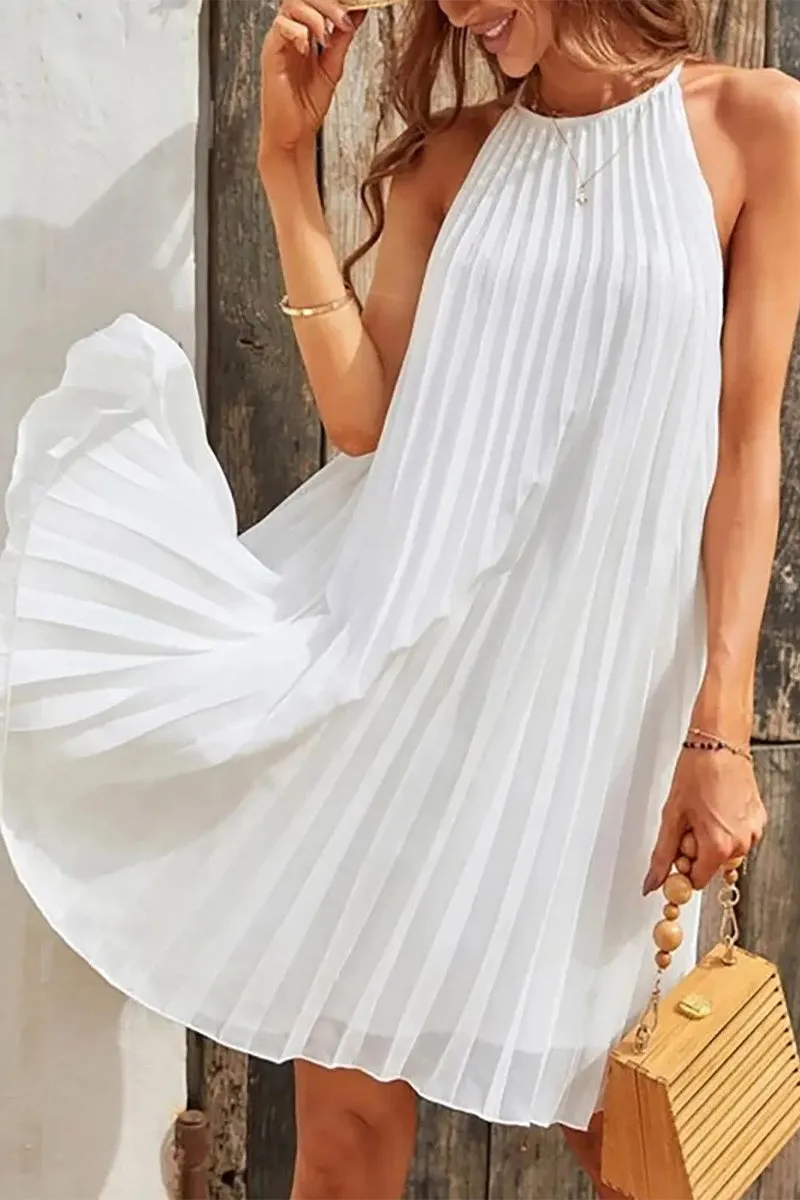 Casual Solid Fold Halter Pleated Dresses(3 Colors)