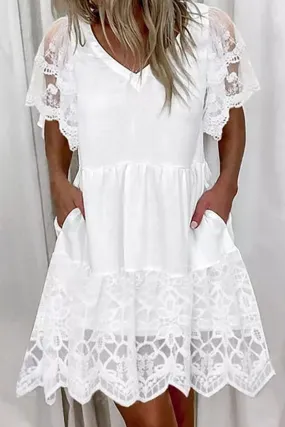 Casual Solid Lace Pocket Fold V Neck A Line Short Sleeve Dress