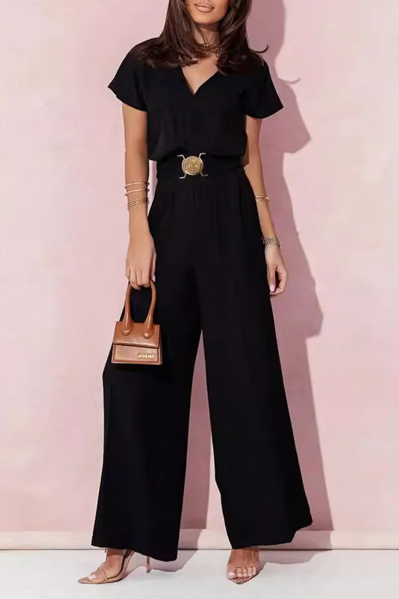 Casual Solid Metal Accessories Decoration V Neck Loose Jumpsuits