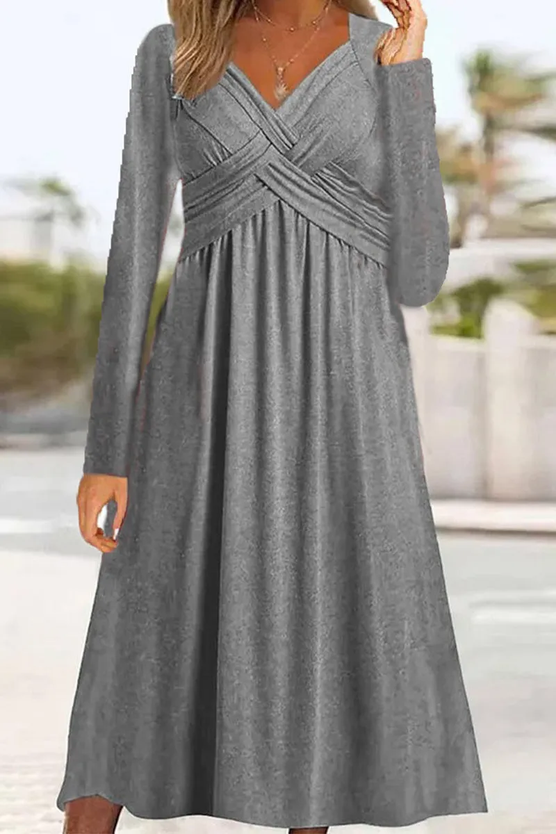 Casual Solid Patchwork V Neck Long Sleeve Dresses