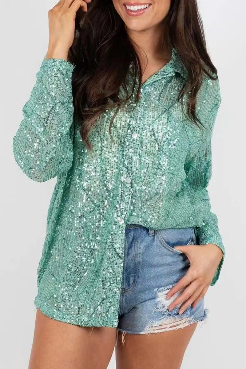 Casual Solid Sequins Turndown Collar Tops