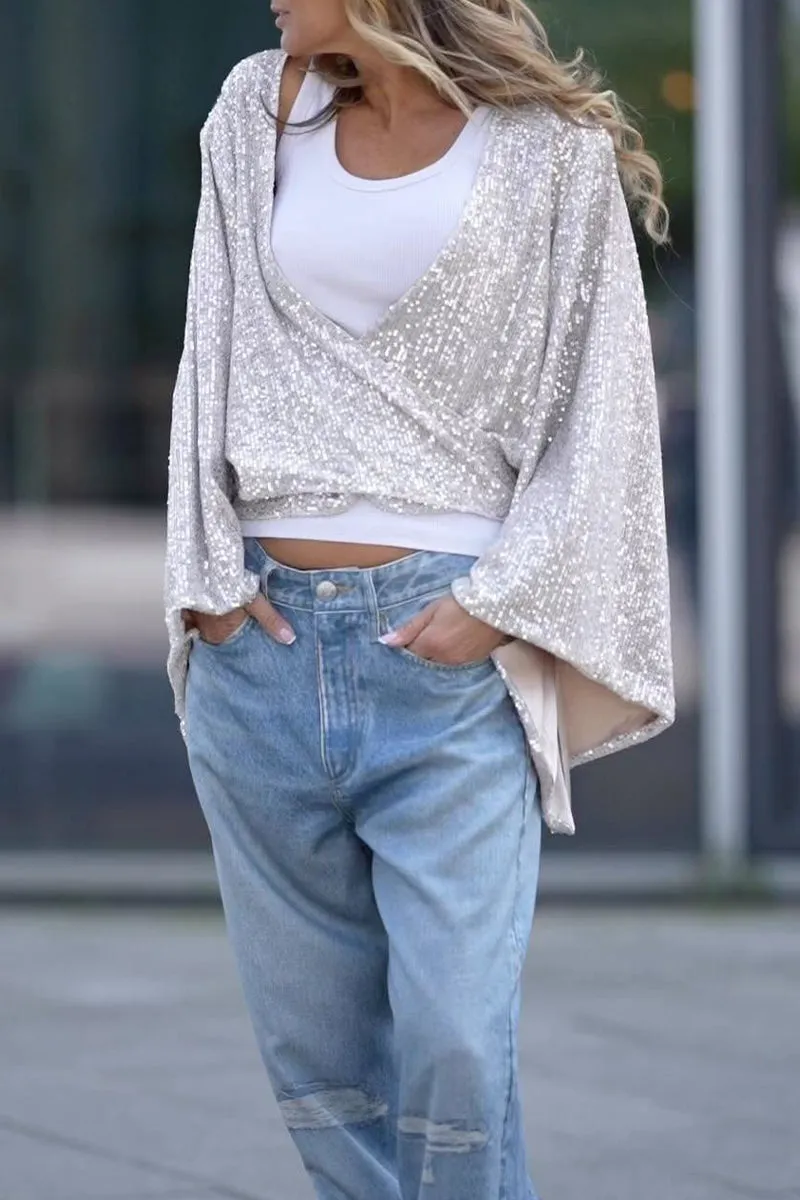 Casual Solid Sequins V Neck Tops