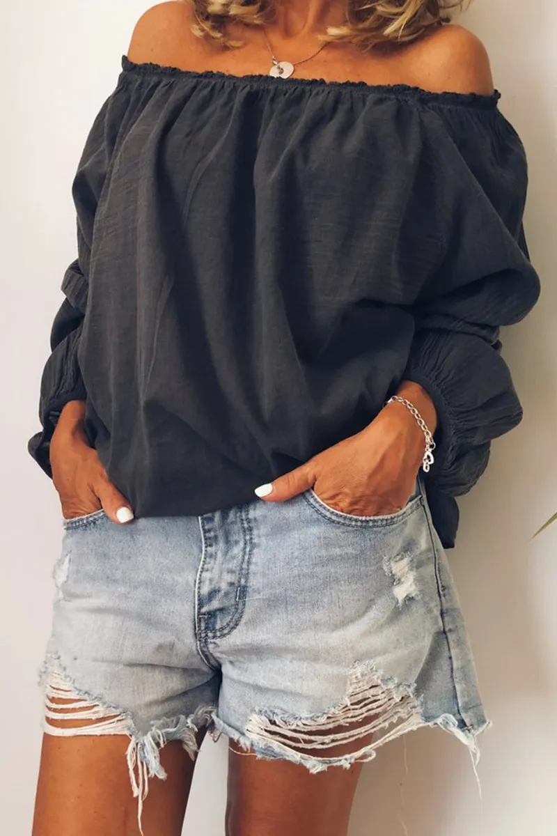 Casual Solid Stringy Selvedge Off the Shoulder Tops(3 Colors)