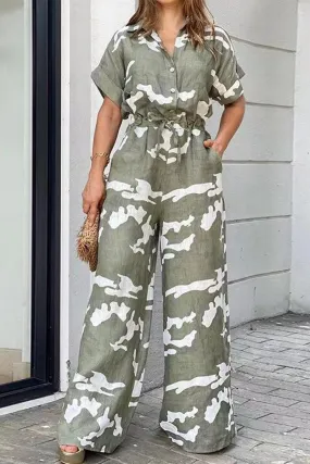 Casual Street Print Patchwork Frenulum Turndown Collar Regular Jumpsuits