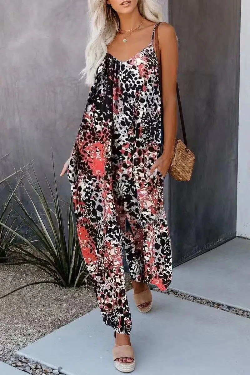 Casual Street Print Pocket V Neck Loose Jumpsuits