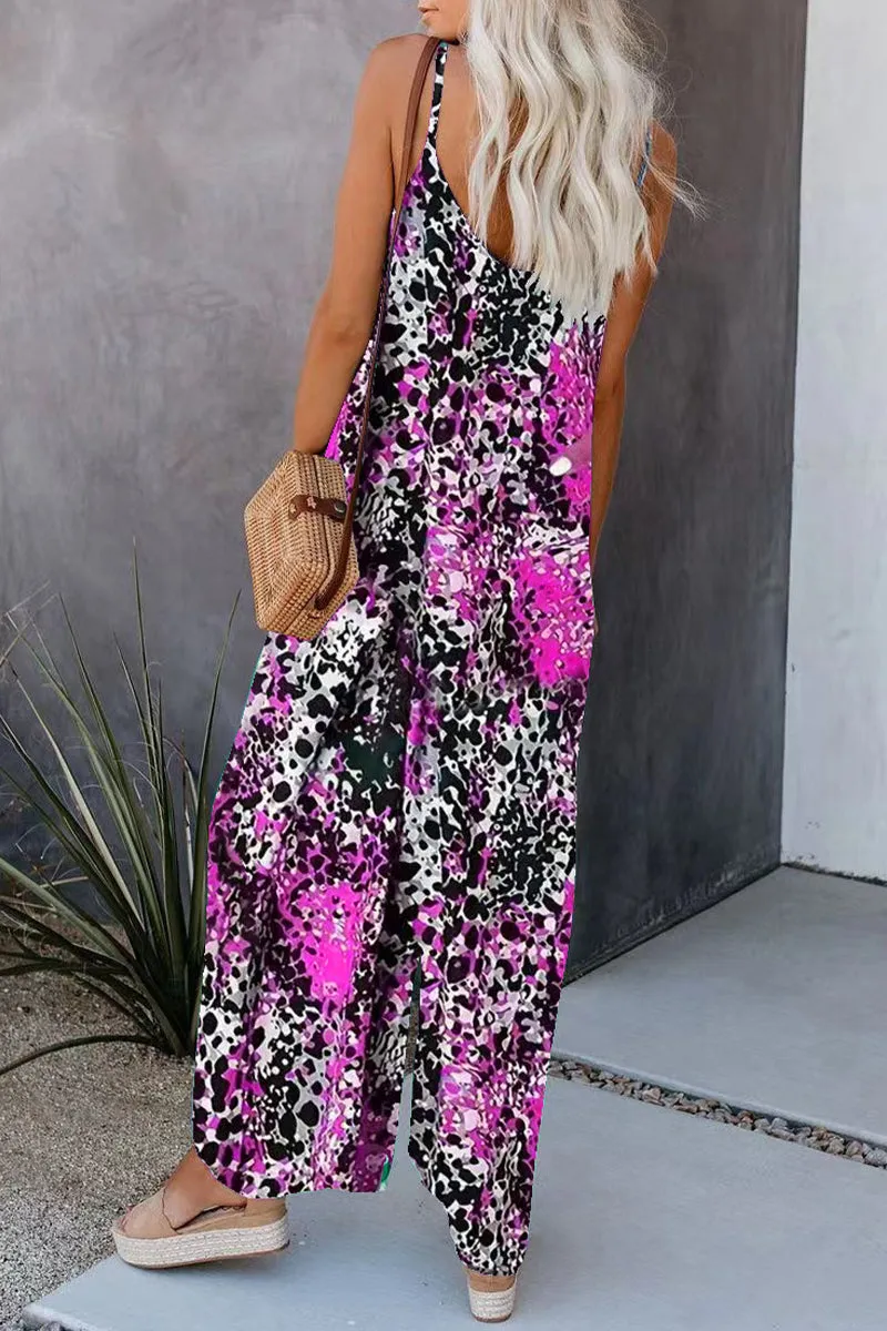 Casual Street Print Pocket V Neck Loose Jumpsuits