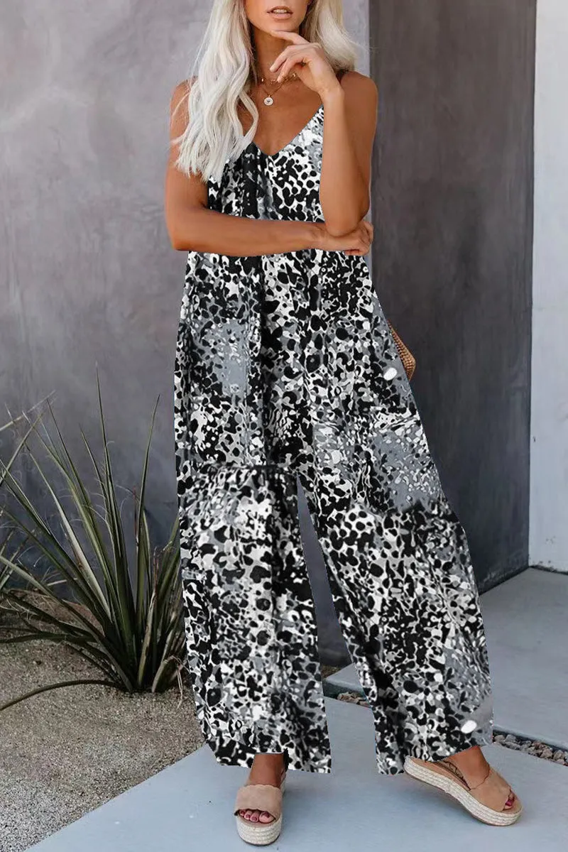 Casual Street Print Pocket V Neck Loose Jumpsuits