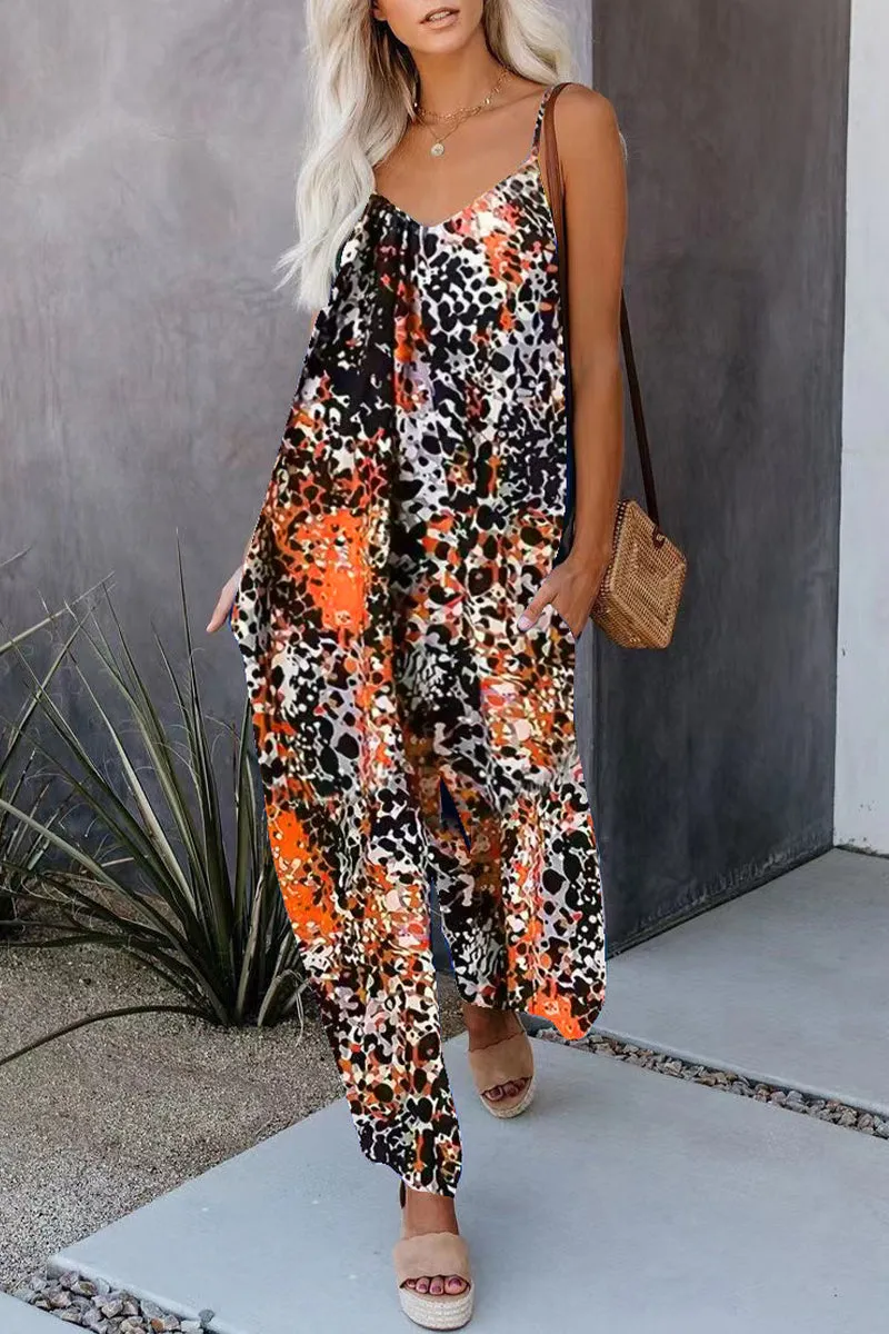 Casual Street Print Pocket V Neck Loose Jumpsuits