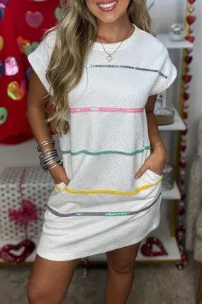 Casual Striped Patchwork Pocket O Neck A Line Short Sleeve Dress(5 Colors)