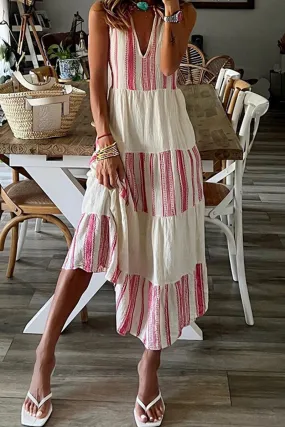 Casual Striped Patchwork V Neck Dresses