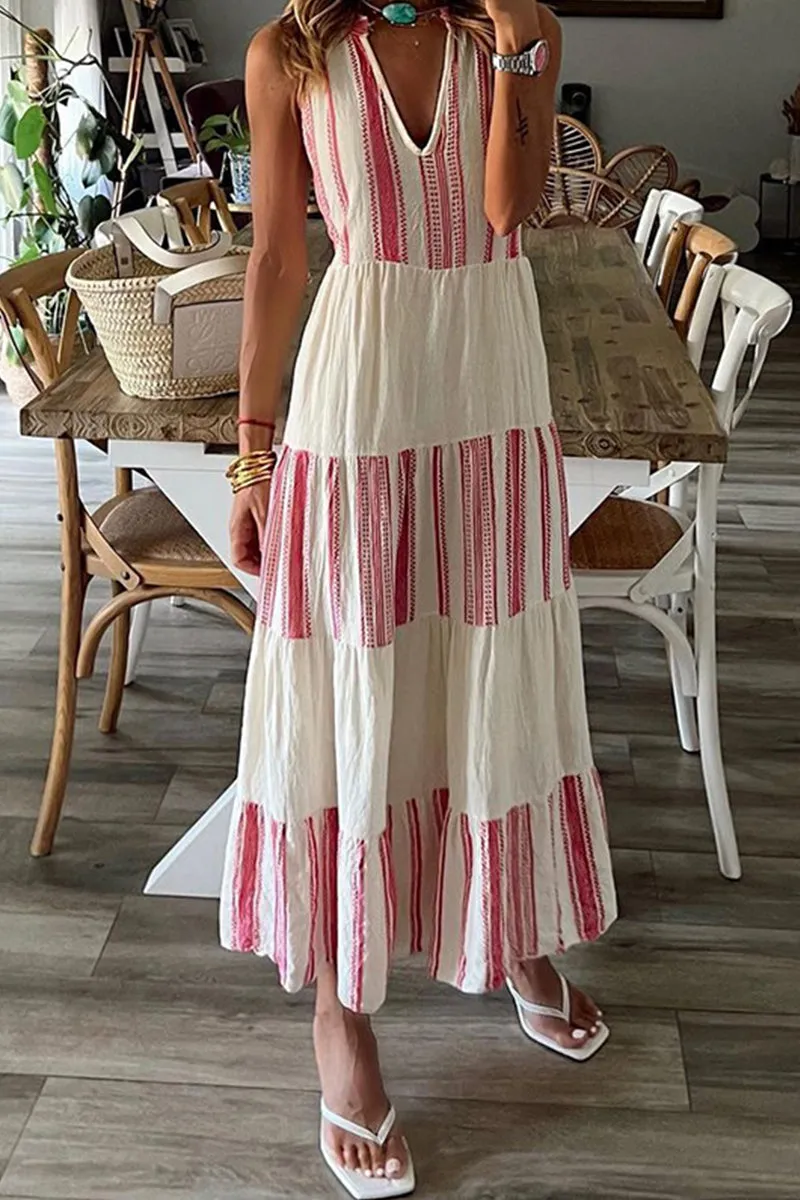 Casual Striped Patchwork V Neck Dresses