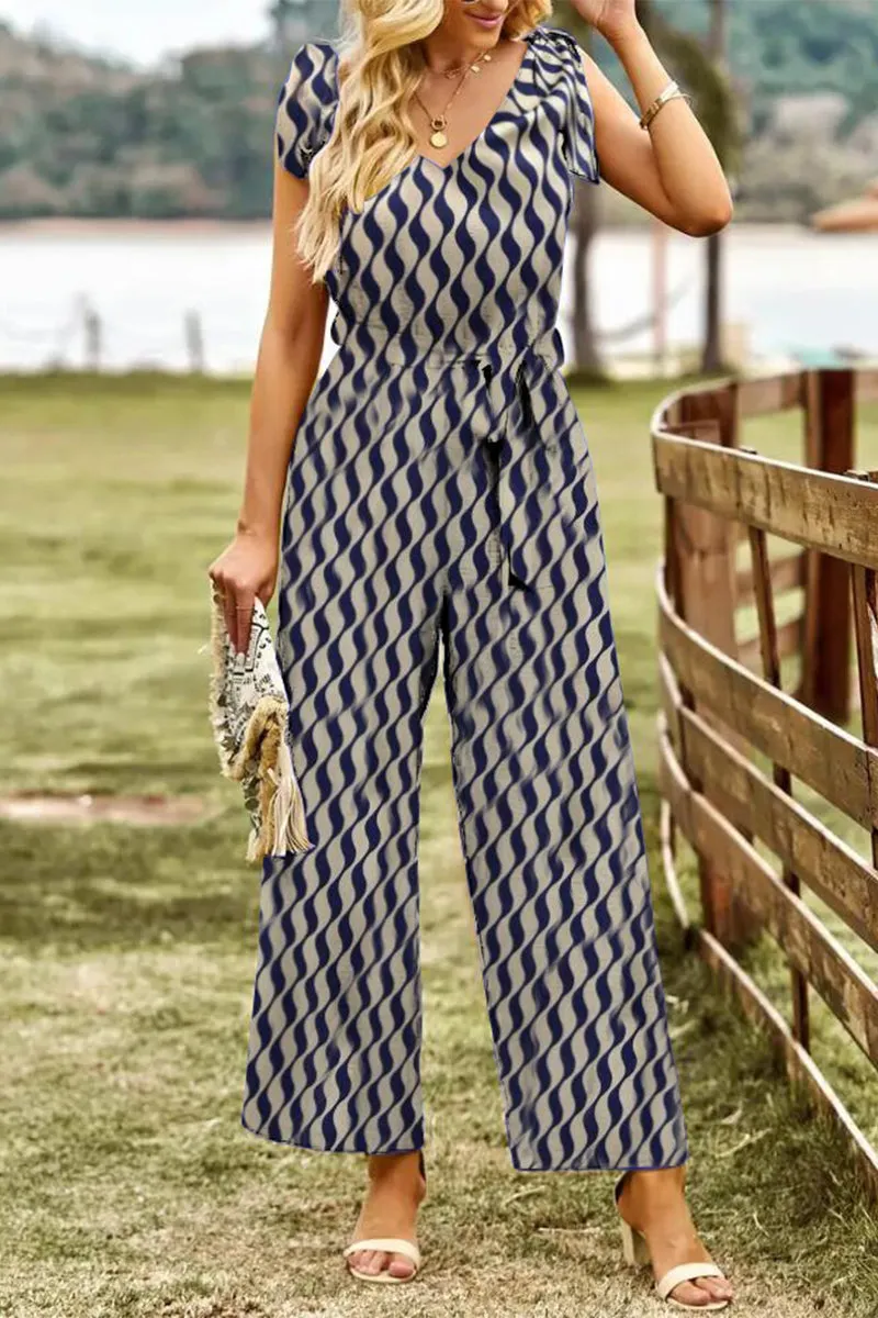 Casual Striped Print Frenulum V Neck Loose Jumpsuits