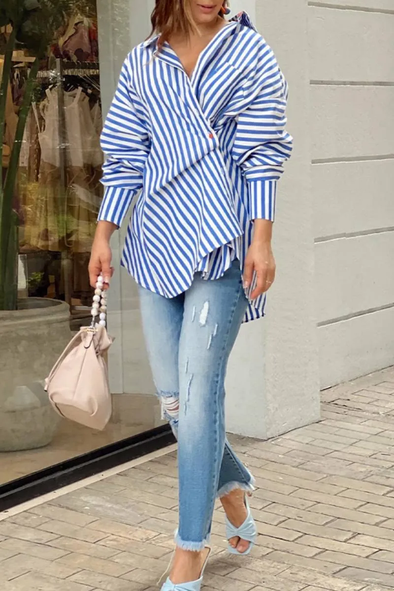 Casual Striped Print Patchwork Asymmetrical Shirt Collar Blouses