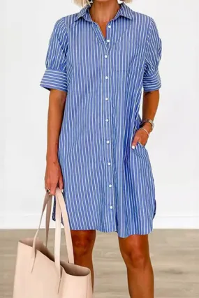 Casual Striped Print Pocket Buckle Shirt Dress Dresses