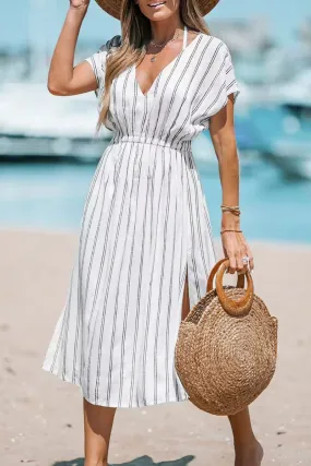 Casual Vacation Striped Slit V Neck Beach Dress Dresses