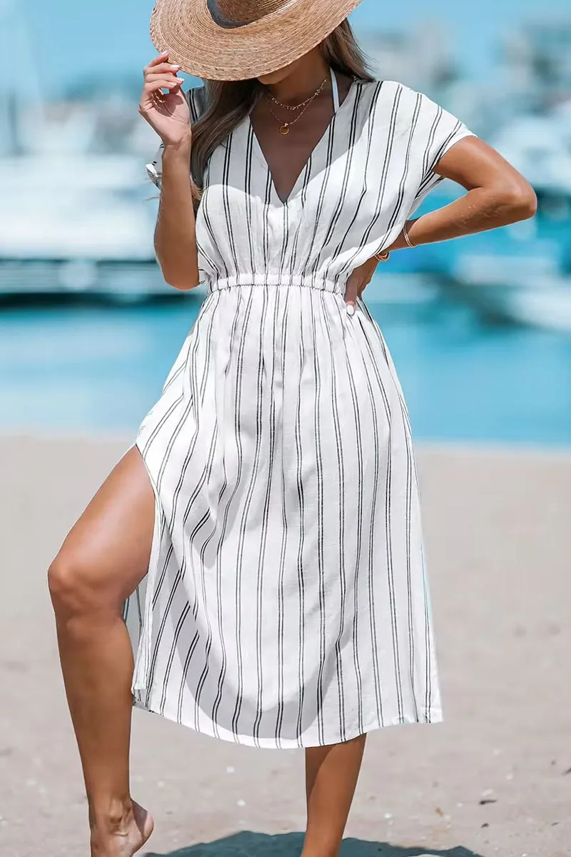 Casual Vacation Striped Slit V Neck Beach Dress Dresses