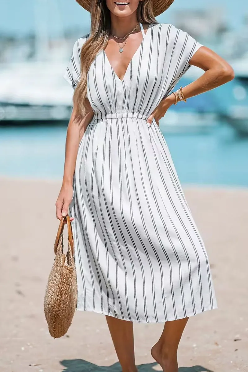 Casual Vacation Striped Slit V Neck Beach Dress Dresses