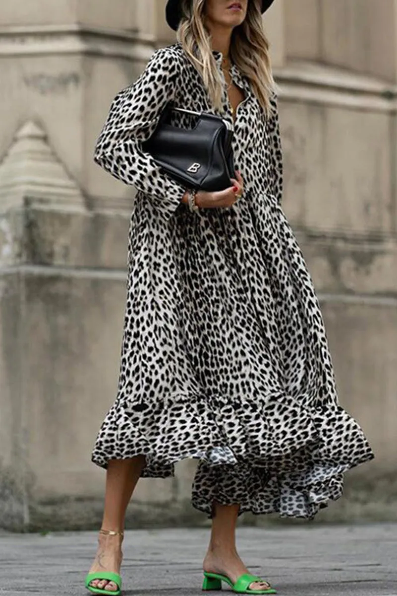 Casual Vintage Print Leopard Patchwork V Neck Printed Dress Dresses