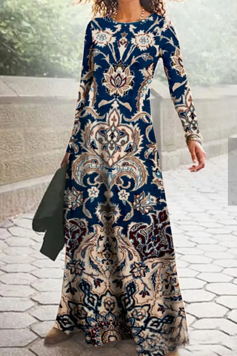 Casual Vintage Print O Neck Printed Dresses