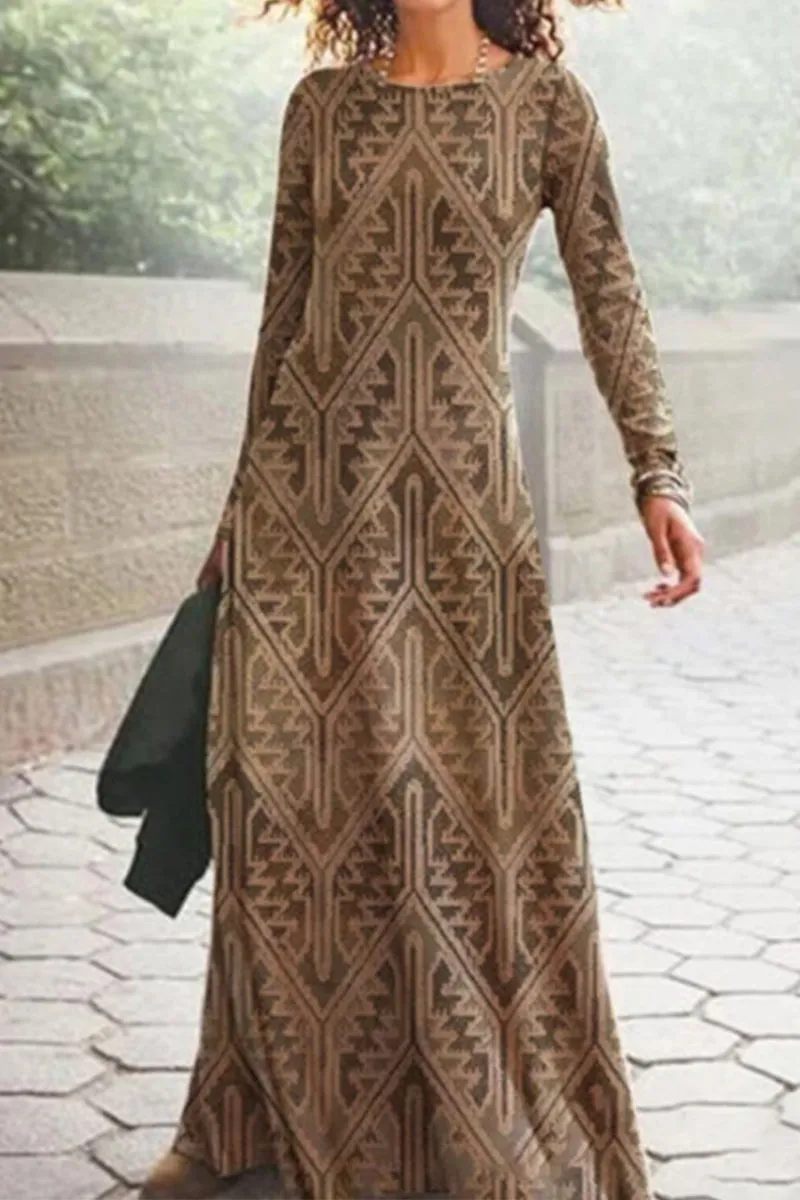 Casual Vintage Print O Neck Printed Dresses