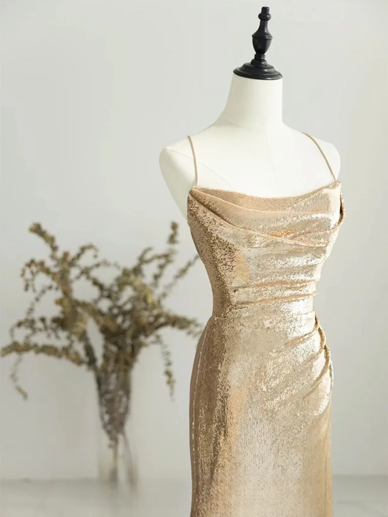 Champagne Backless Sequin Long Prom Dress, Sequin Champagne Long Evening Dress