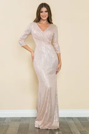 Champagne Gold Sleeve Wrap Style V-Neck Sequin Formal Dress