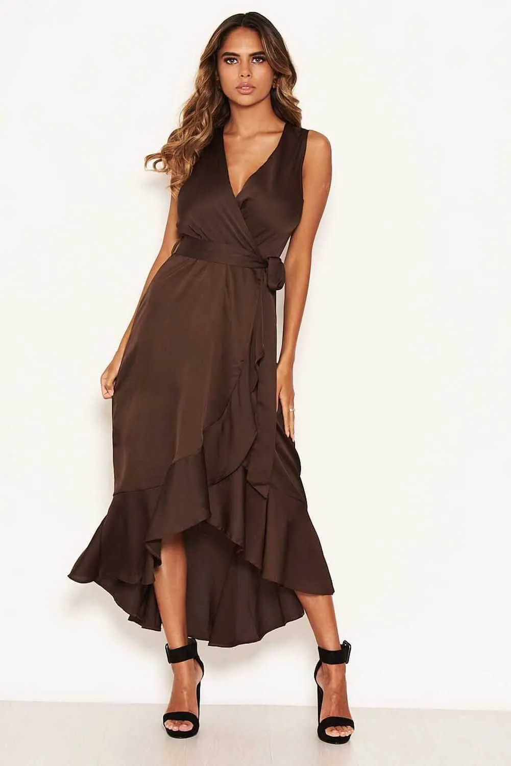 Chocolate Wrap Frill Hem Maxi Dress with Tie Belt