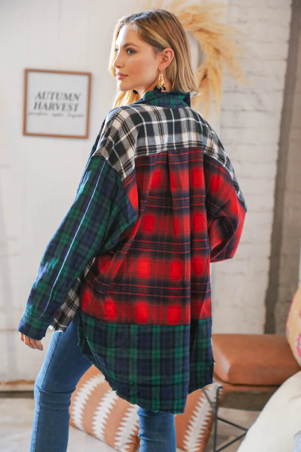 Christmas Plaid Cotton Color Block Cut-Edge Shacket