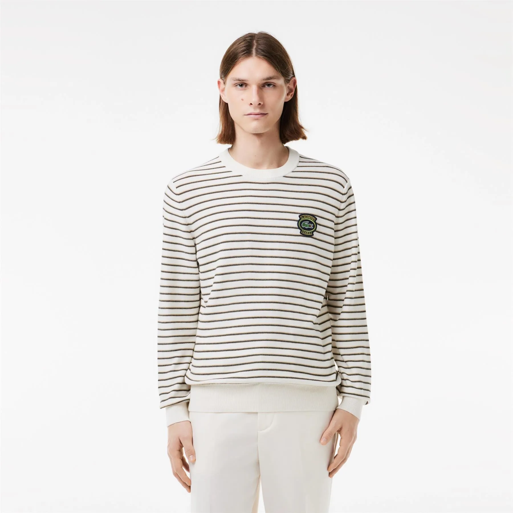 Classic Fit Striped Cotton Crew Neck Sweatshirt White/Beige - SS24