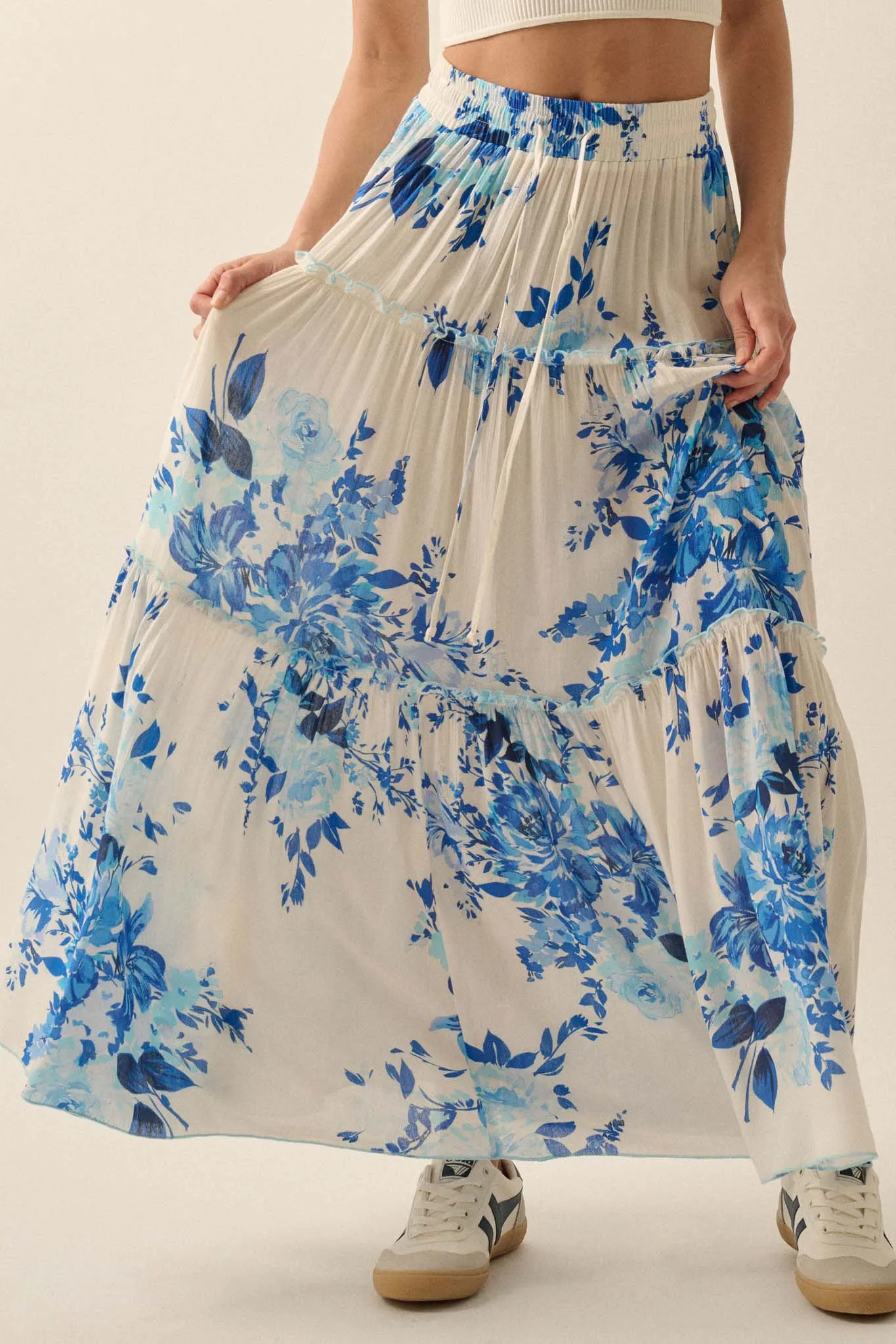 Cobalt Corsage Floral Tiered Ruffle Maxi Skirt