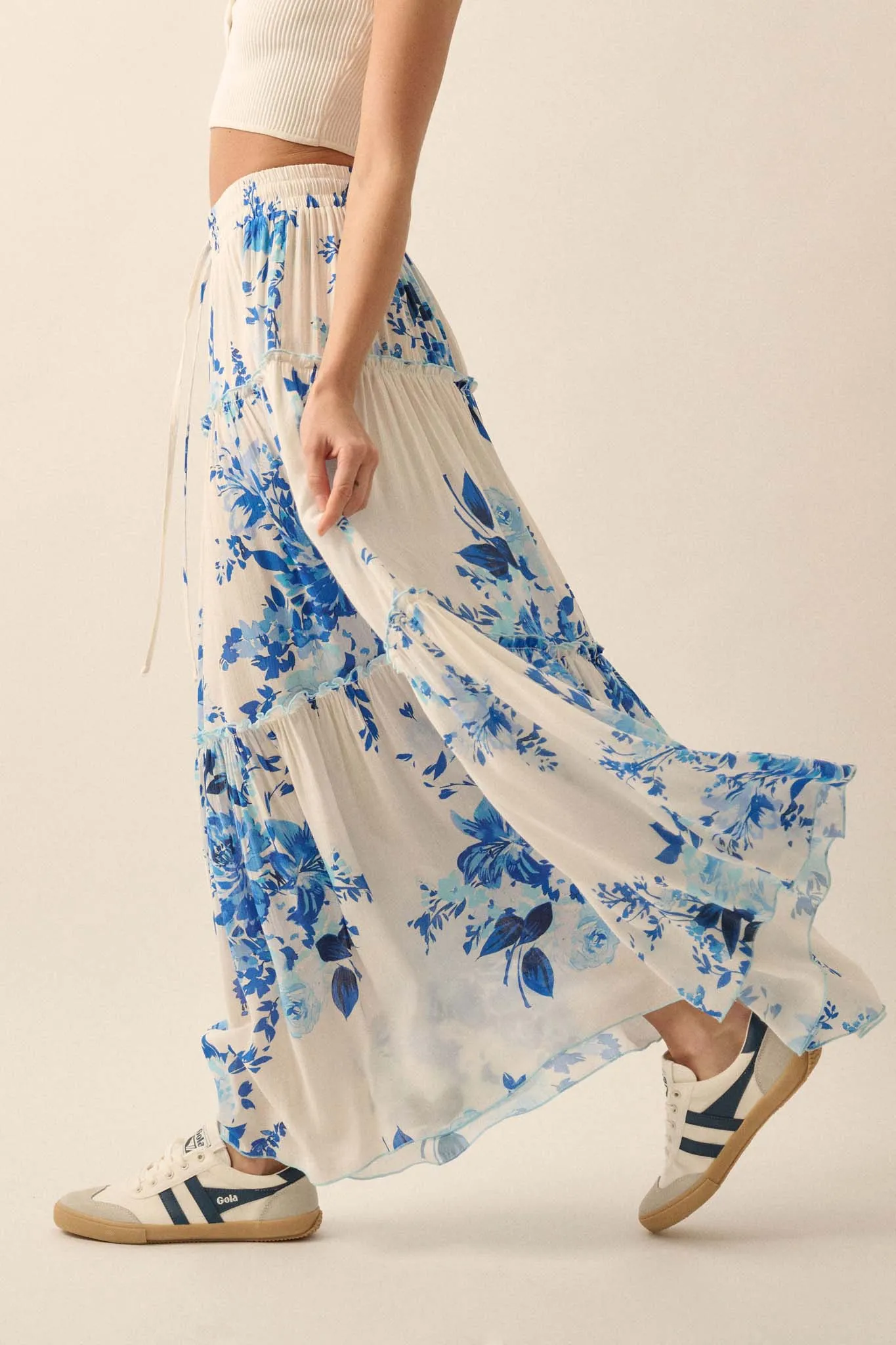 Cobalt Corsage Floral Tiered Ruffle Maxi Skirt