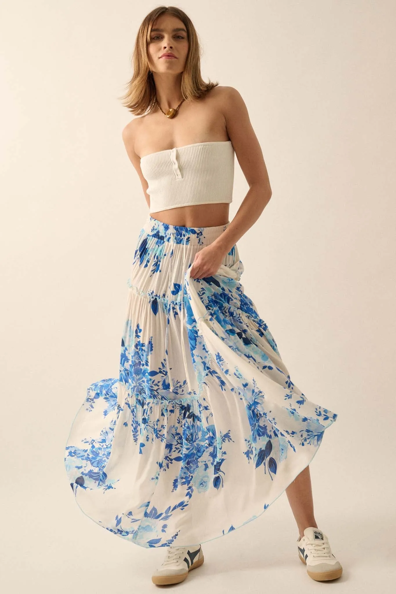 Cobalt Corsage Floral Tiered Ruffle Maxi Skirt