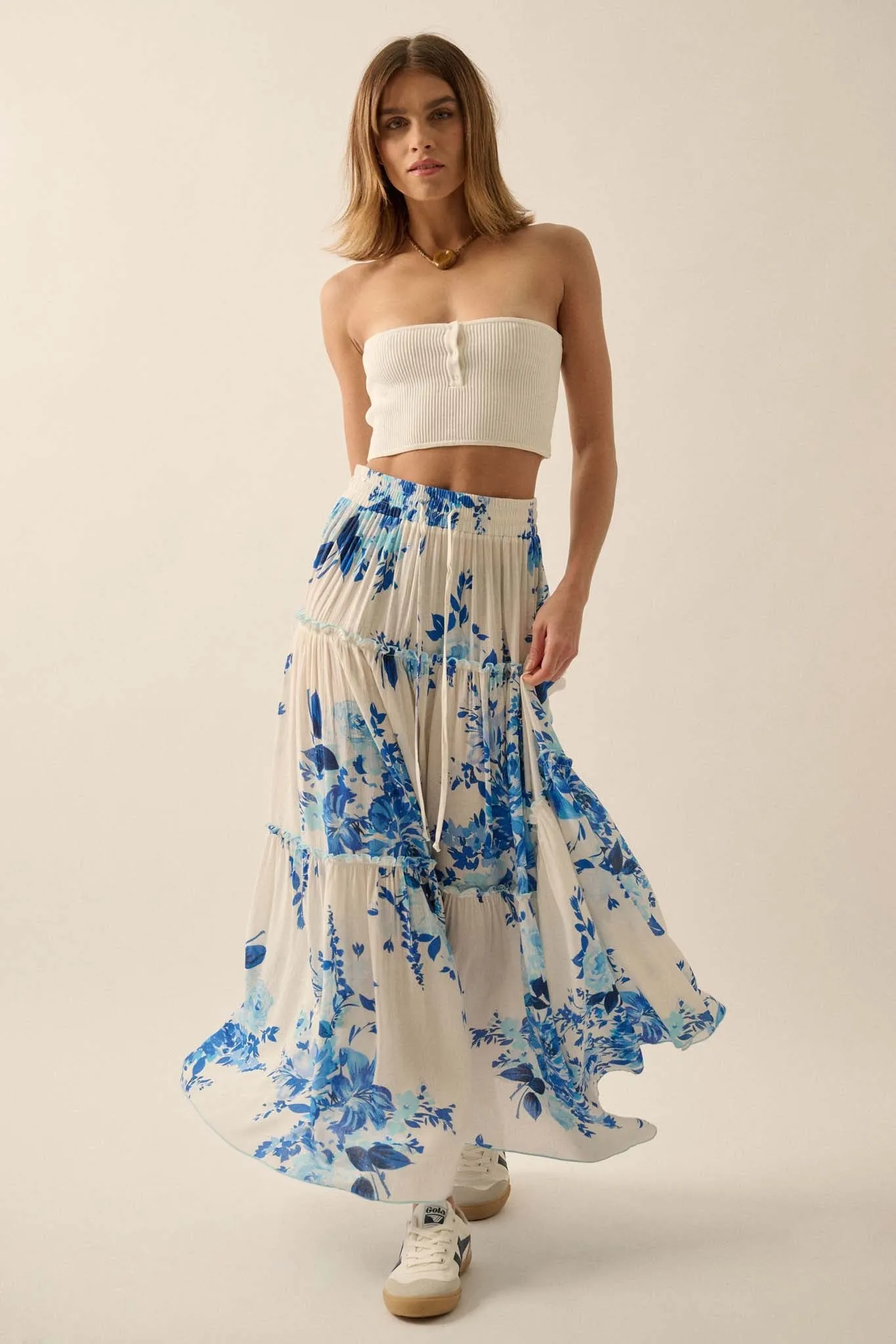 Cobalt Corsage Floral Tiered Ruffle Maxi Skirt