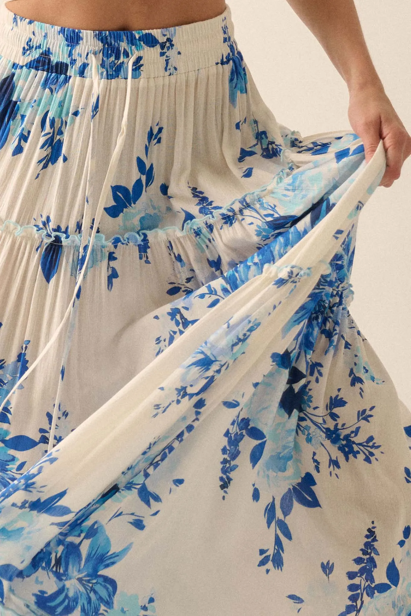 Cobalt Corsage Floral Tiered Ruffle Maxi Skirt