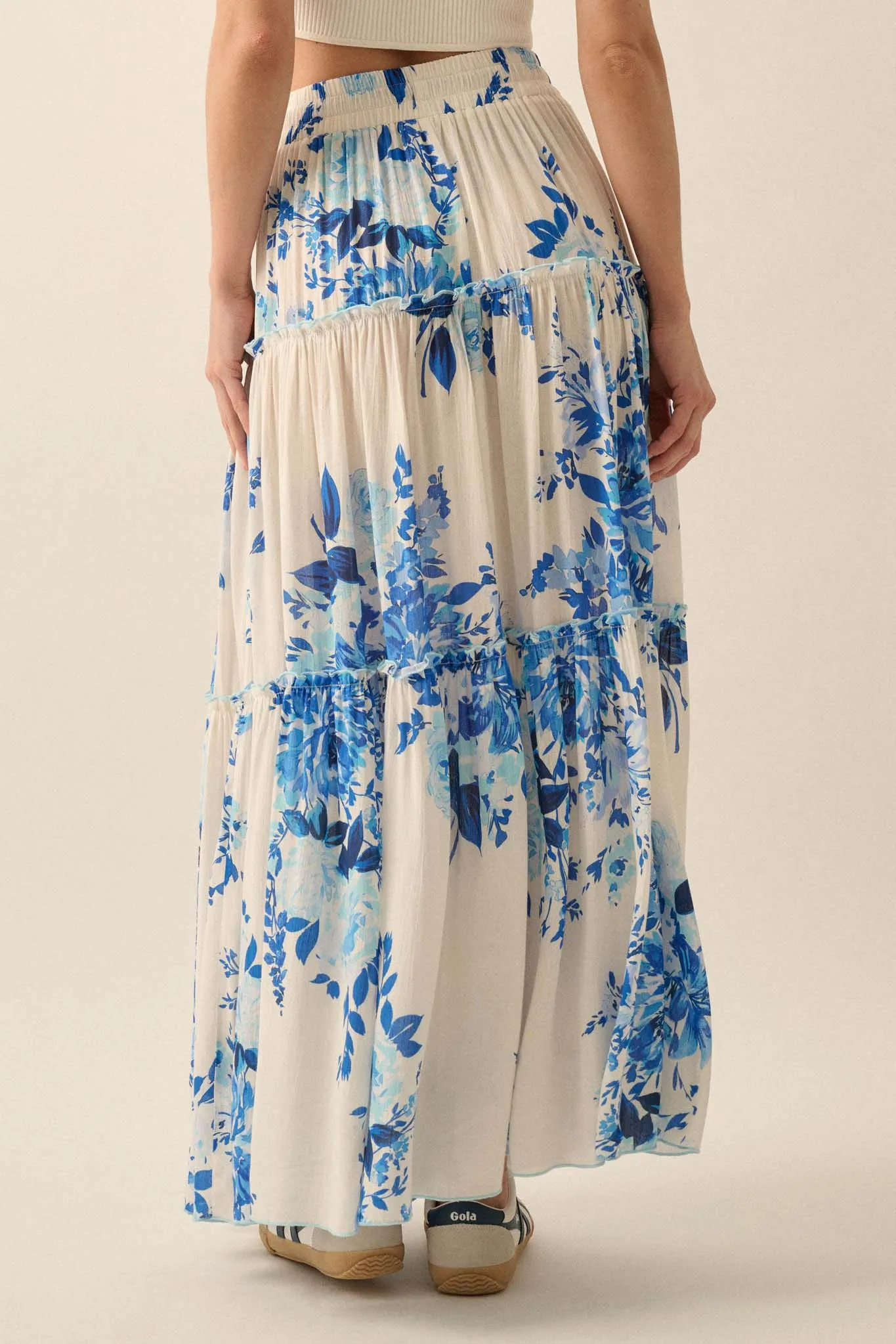 Cobalt Corsage Floral Tiered Ruffle Maxi Skirt