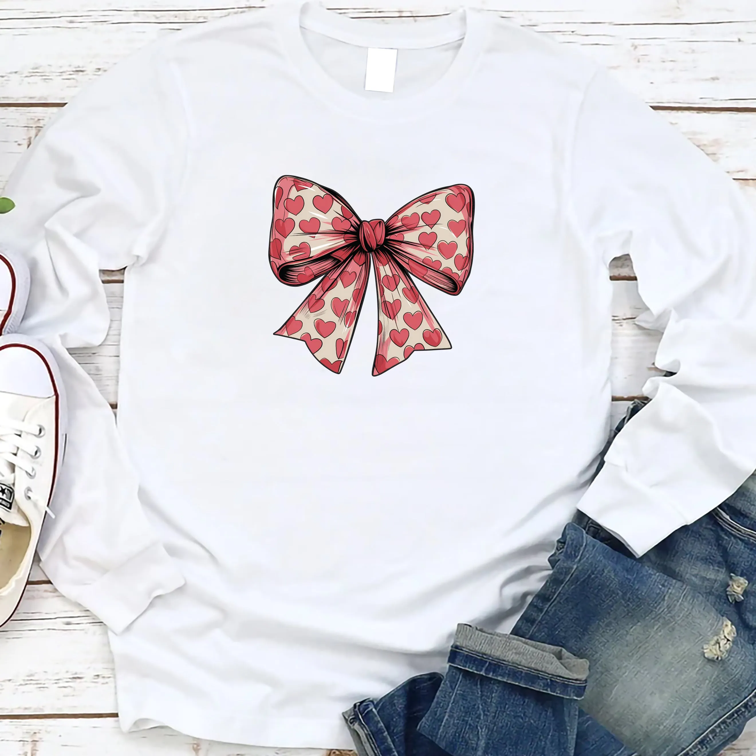 Coquette Valentine's Day Heart Bow Long Sleeve Shirt, Valentine's Day Shirt