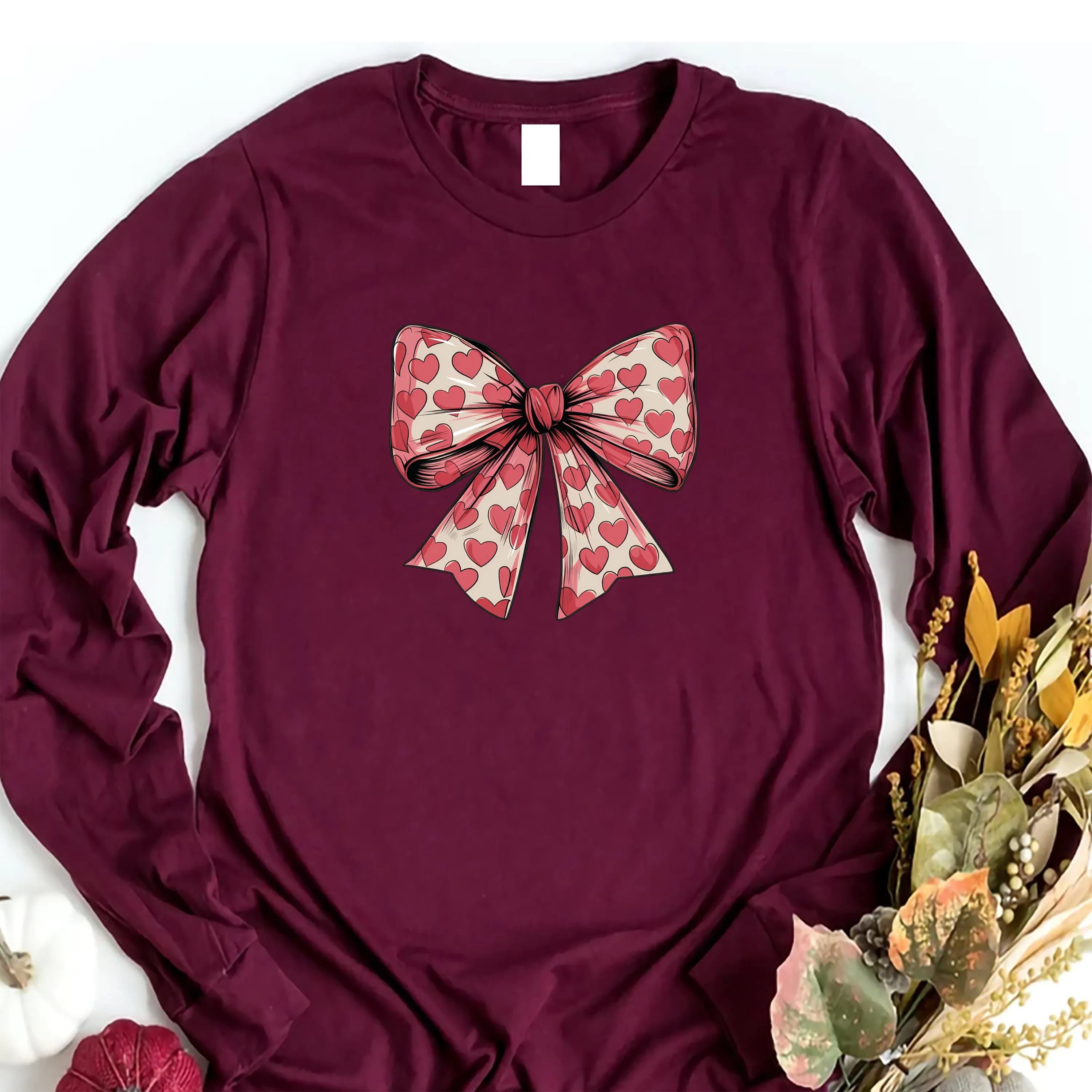 Coquette Valentine's Day Heart Bow Long Sleeve Shirt, Valentine's Day Shirt