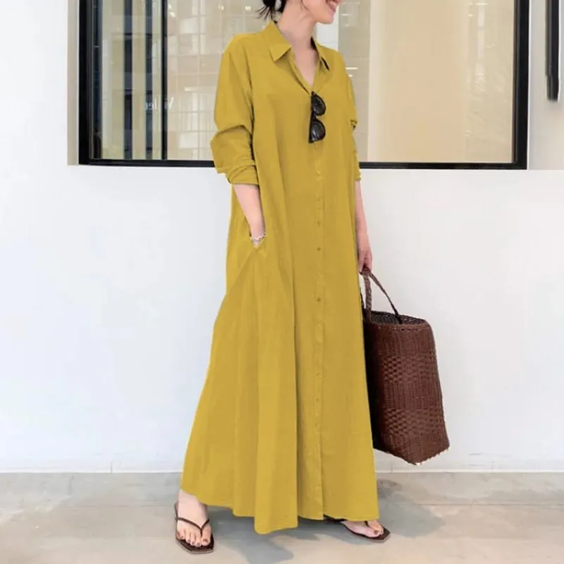 Cotton Linen Pocket Long Dress Women 5269