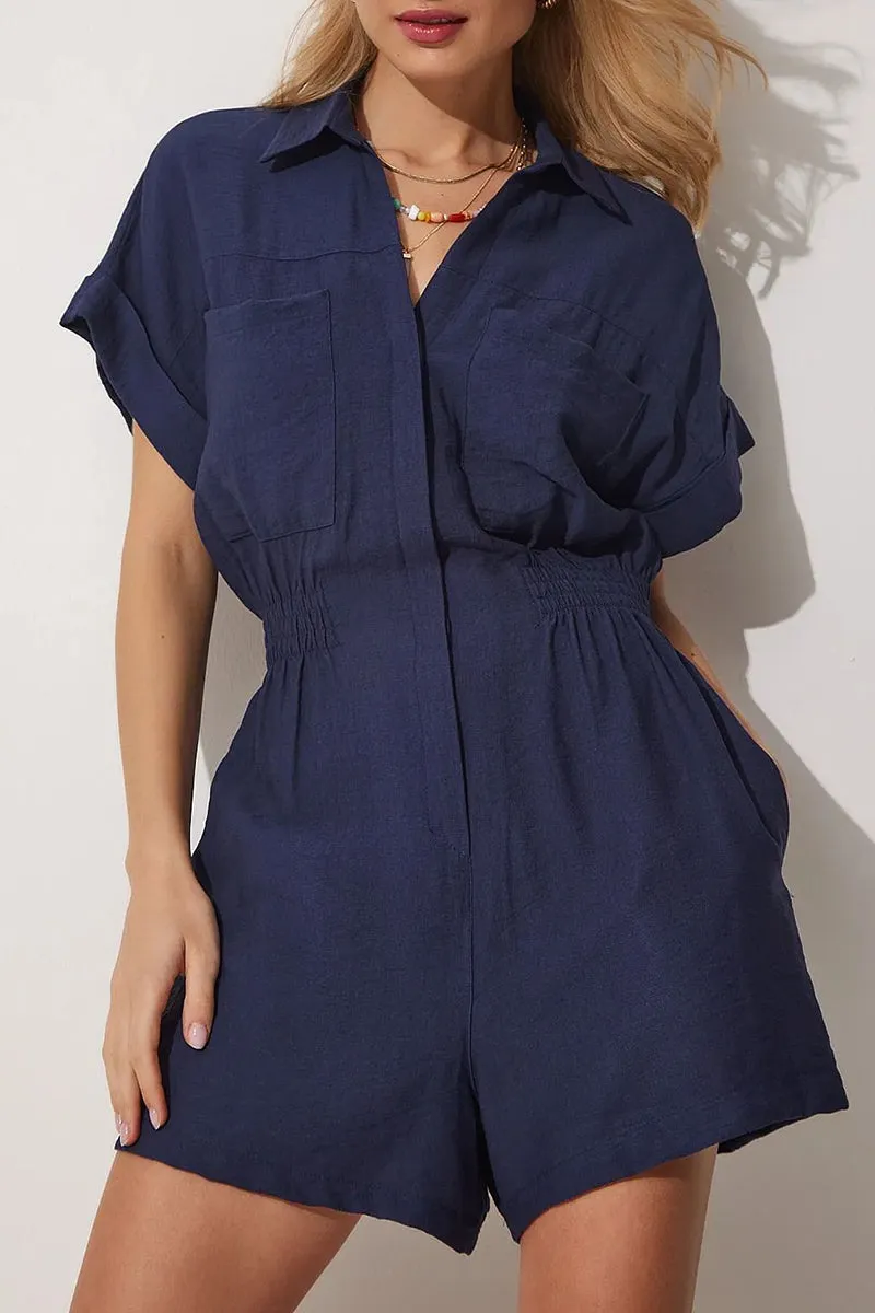 Daily Simplicity Solid Pocket Turndown Collar Loose Rompers