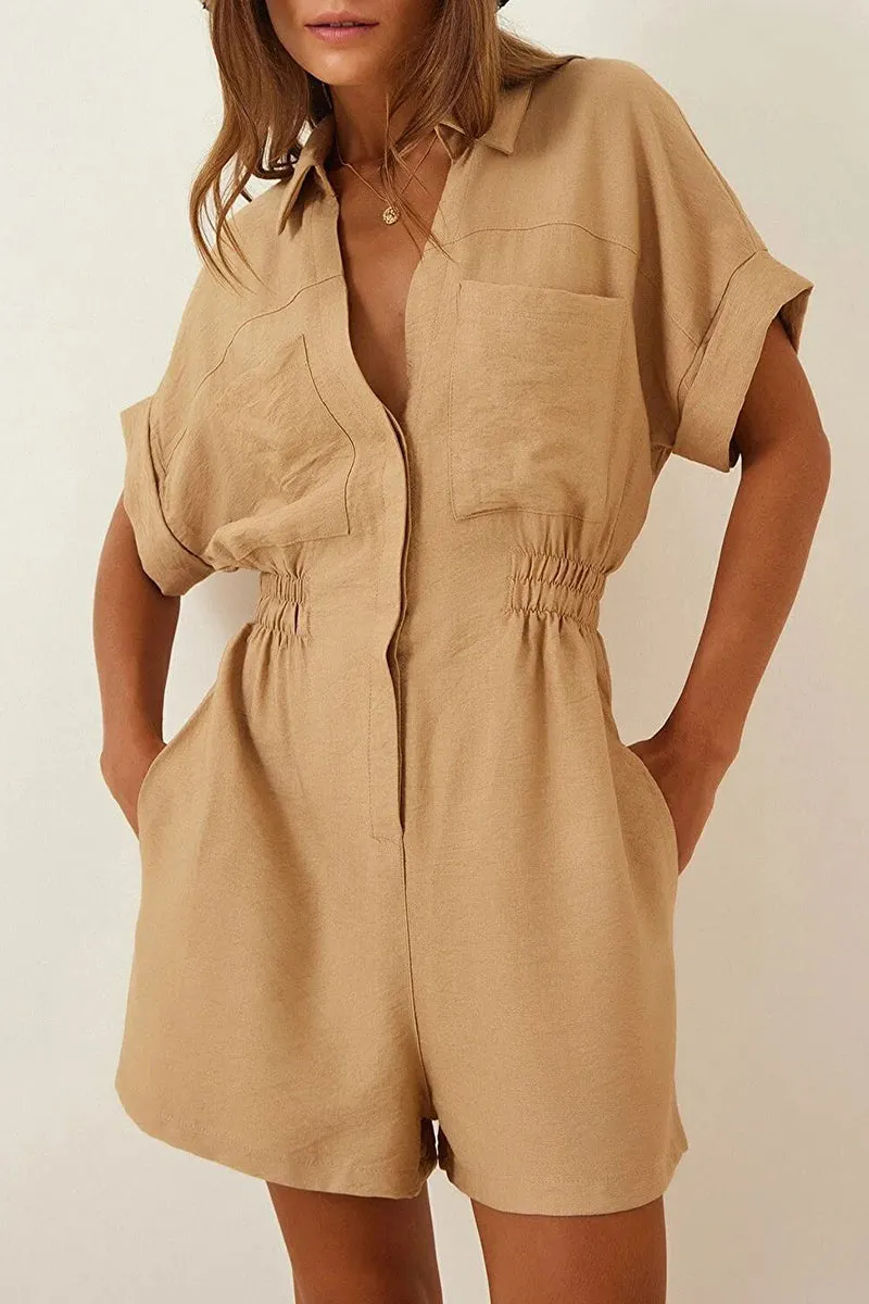 Daily Simplicity Solid Pocket Turndown Collar Loose Rompers