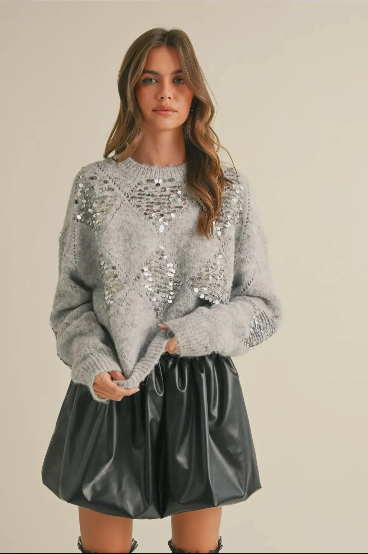 Diamond pattern sequins fuzzy sweater